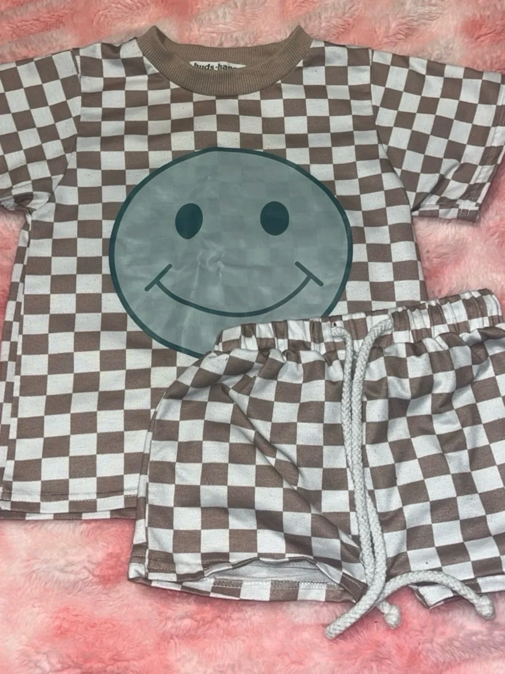 Kids Checkerboard Smile Pajama Set - Brown & White